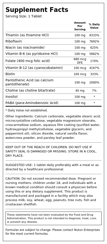 Supplement Facts panel for B-100 Complex tablets listing thiamin, riboflavin, niacin, vitamin B-6, folate, vitamin B-12, biotin, pantothenic acid, choline, inositol and PABA