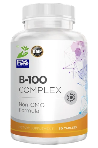 Bottle of B-100 Complex B vitamin tablets for wholesale and private label orders