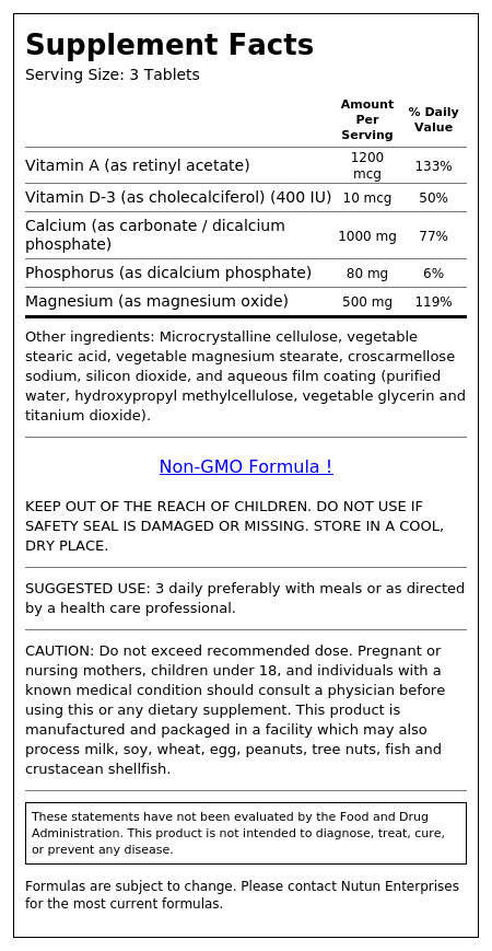 Supplement Facts panel for Calcium Complex with A and D tablets listing vitamin A, vitamin D-3, calcium, phosphorus and magnesium per 3 tablet serving