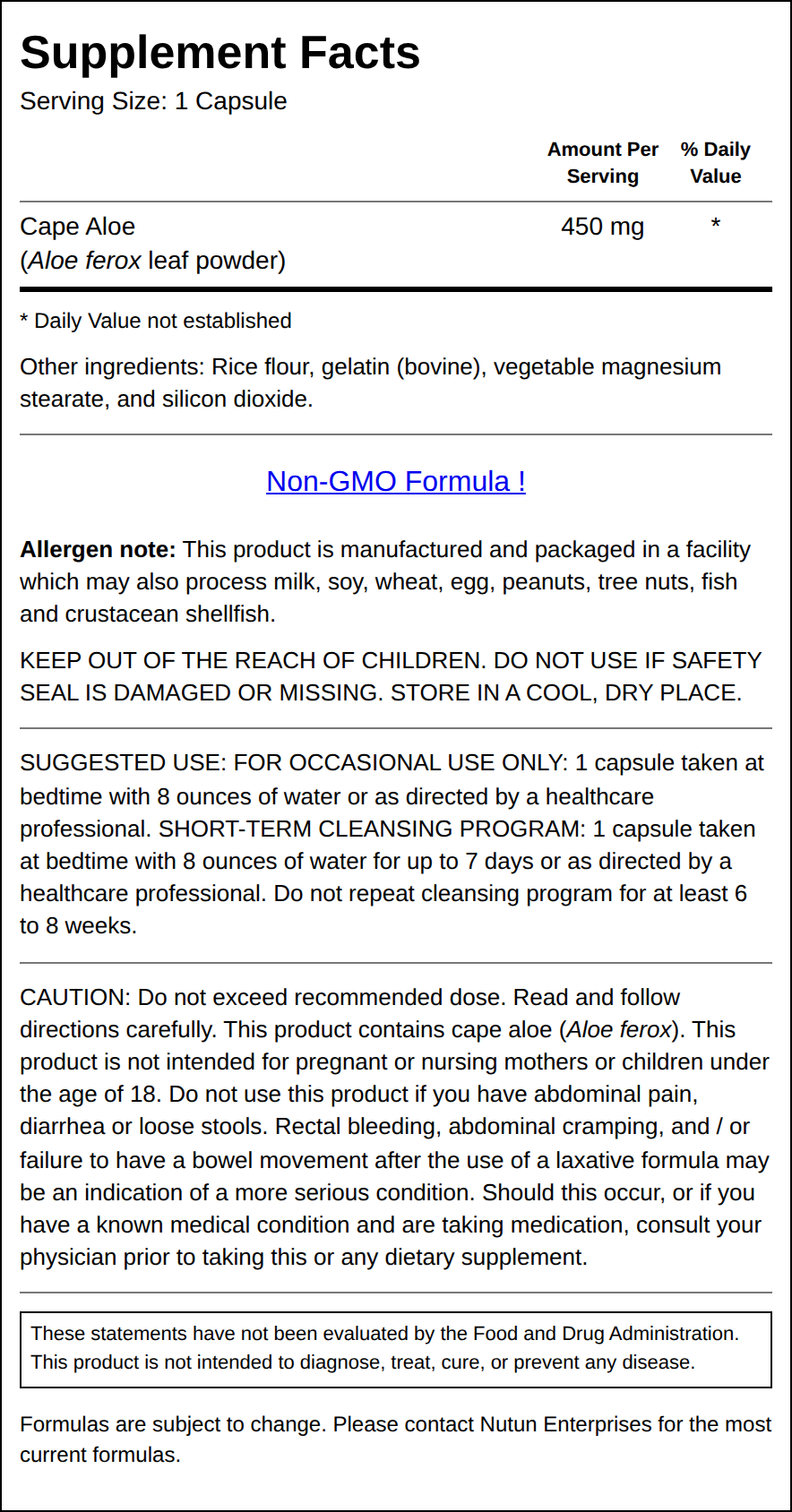 Private Label Cape Aloe 450mg Supplement Facts Wholesale Distributor