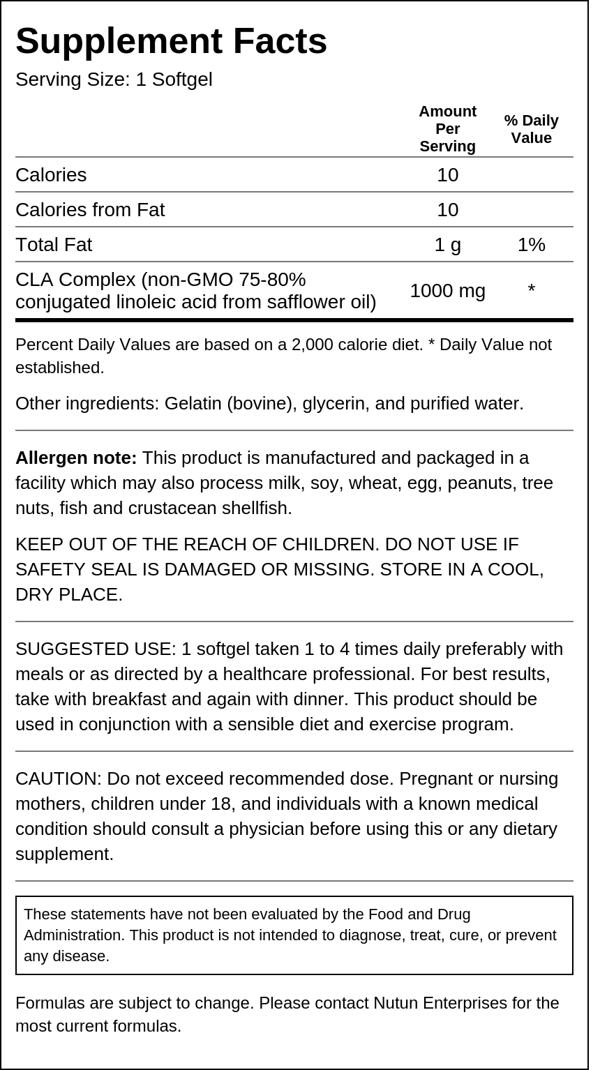 Private Label Cla 1000mg Supplement Facts Wholesale Distributor