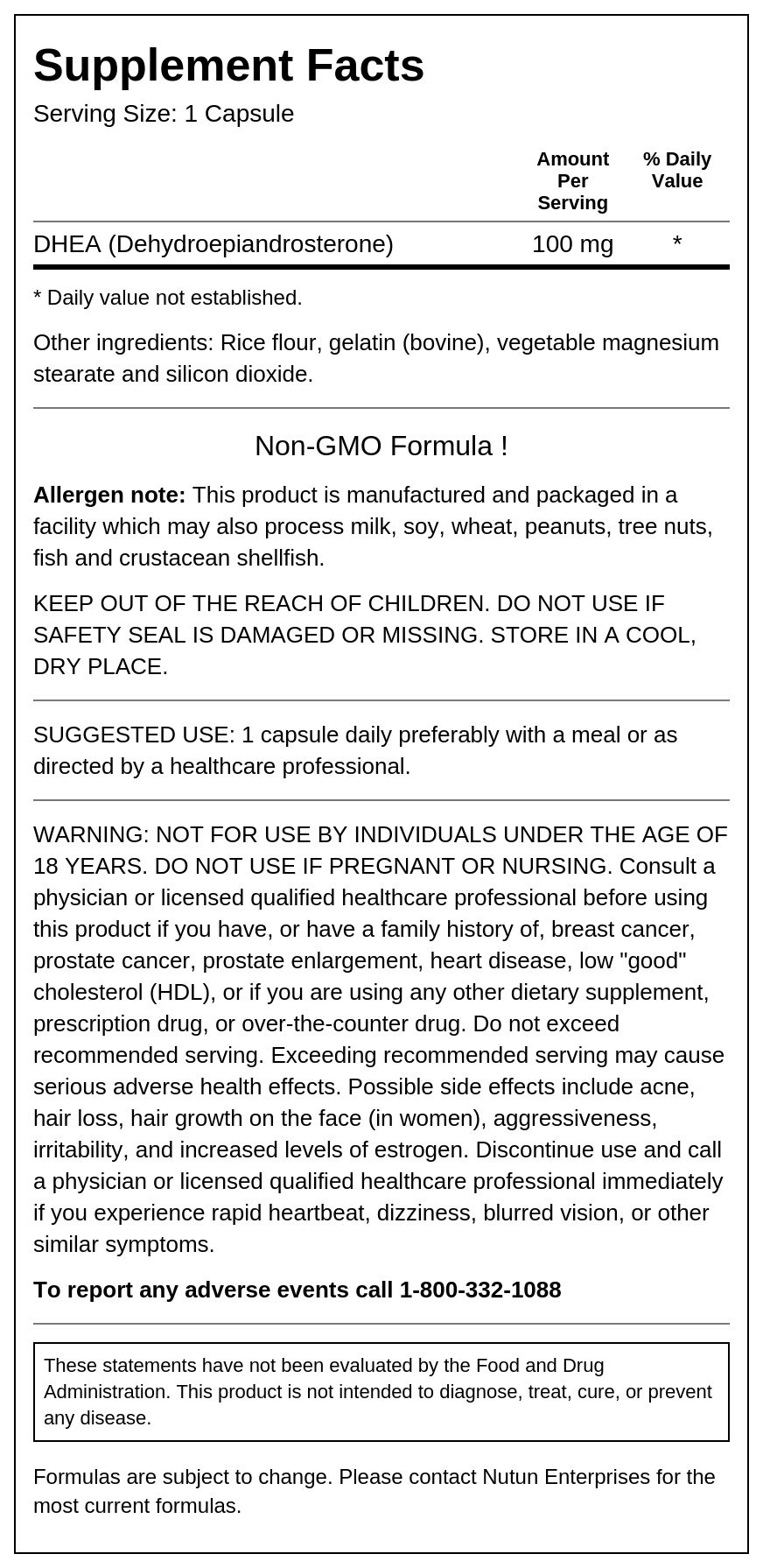 Private Label DHEA 100mg Supplement Facts Wholesale Distributor