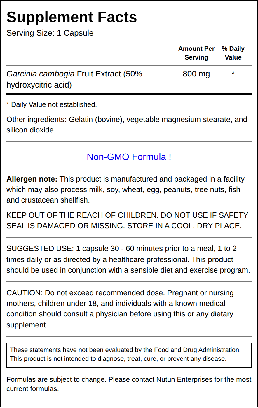 Private Label Garcinia Cambogia 800Mg Supplement Facts Wholesale Distributor