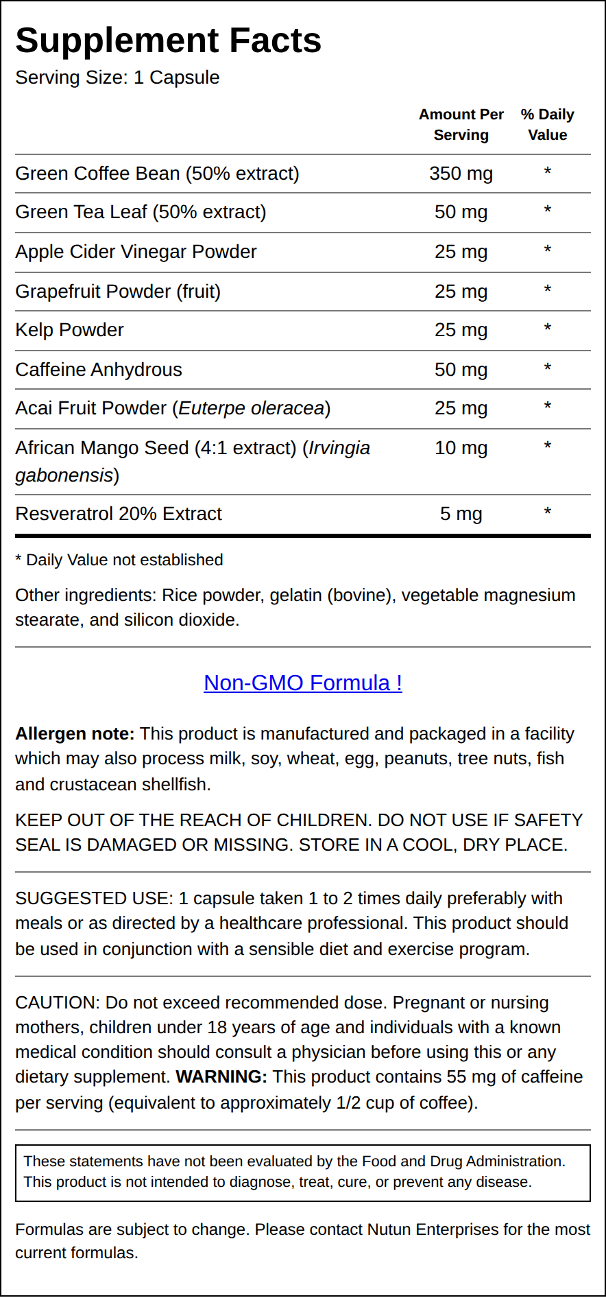 Private Label Green Coffee Bean Complex Supplement Facts Wholesale Distributor