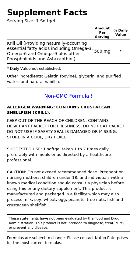 Supplement Facts panel for Krill Oil 500mg softgels showing 500 mg of krill oil per softgel