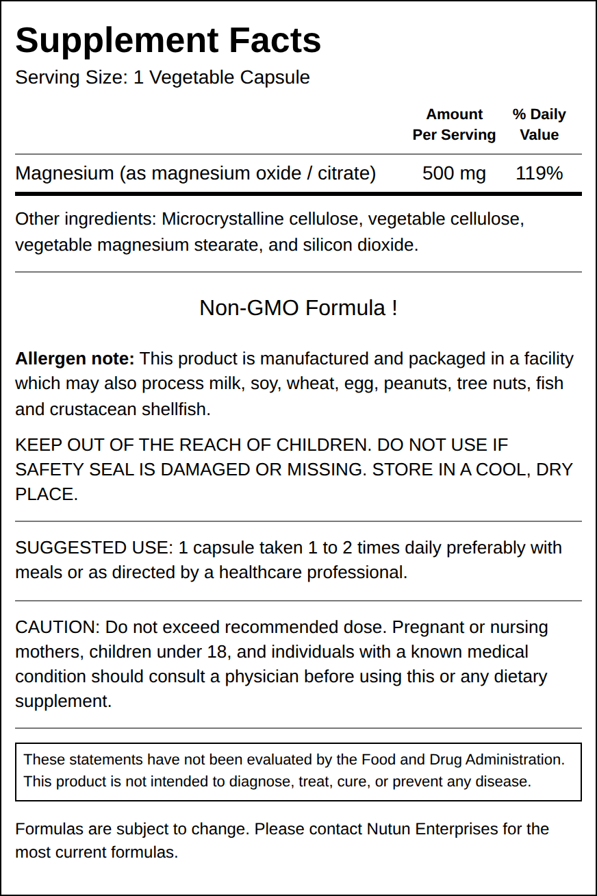 Private Label Magnesium 500mg Supplement Facts Wholesale Distributor