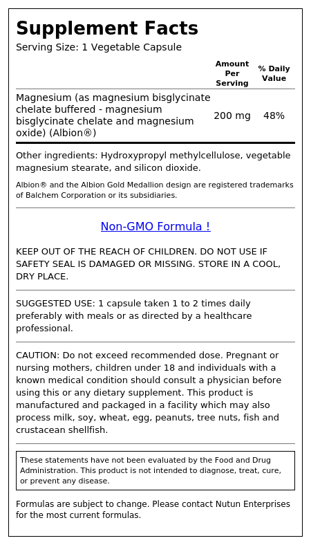 Supplement Facts panel for Magnesium Bisglycinate 200mg vegetable capsules showing 200 mg of magnesium per capsule