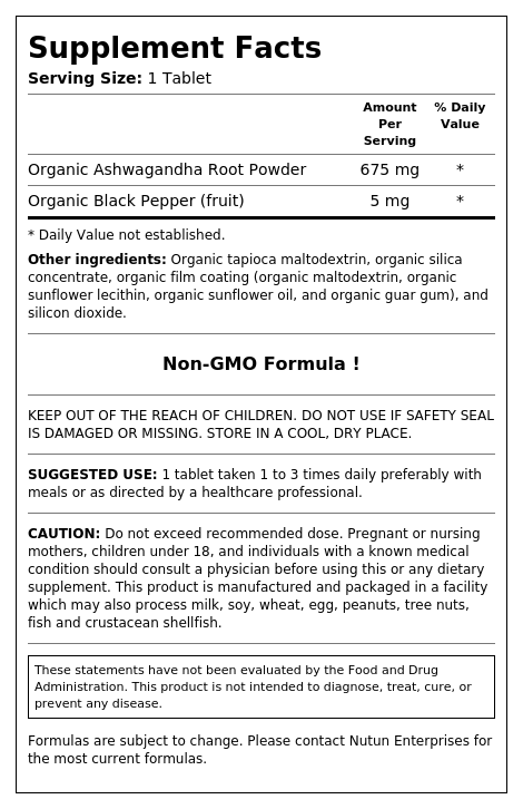 Supplement Facts panel for Organic Ashwagandha Tablets showing a serving size of 1 tablet