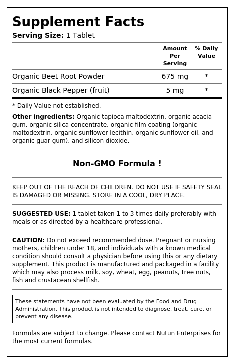 Supplement Facts panel for Organic Beet Tablets showing a serving size of 1 tablet