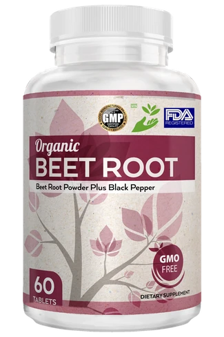 Front view of a 60-tablet bottle of Organic Beet Tablets with GMP, hand logo and FDA registered icons on the label