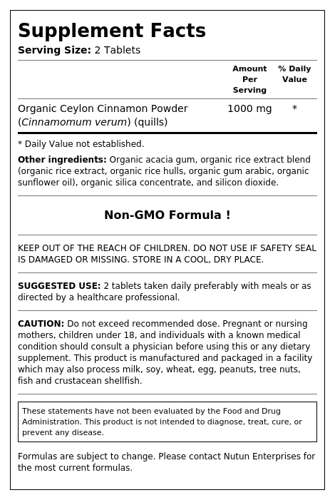 Supplement Facts panel for Organic Ceylon Cinnamon Tablets showing a serving size of 2 tablets