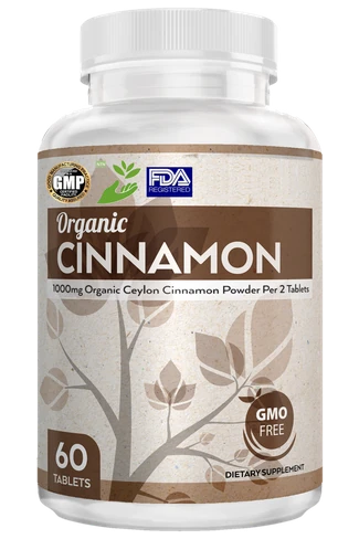 Front view of a 60-tablet bottle of Organic Ceylon Cinnamon Tablets with GMP, hand logo and FDA registered icons on the label