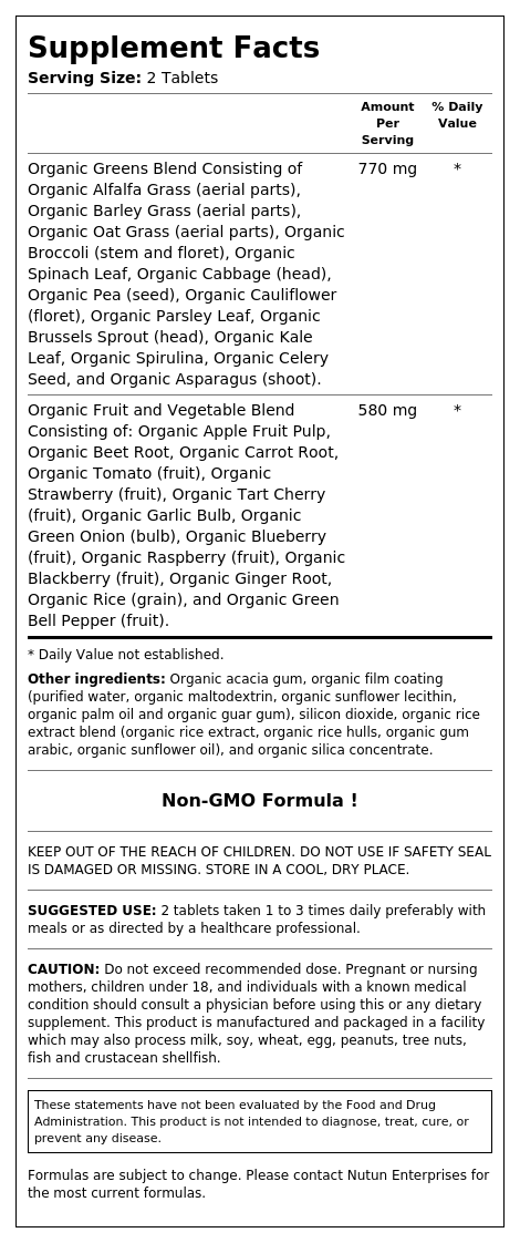 Supplement Facts panel for Organic Greens Complex showing a serving size of 2 tablets
