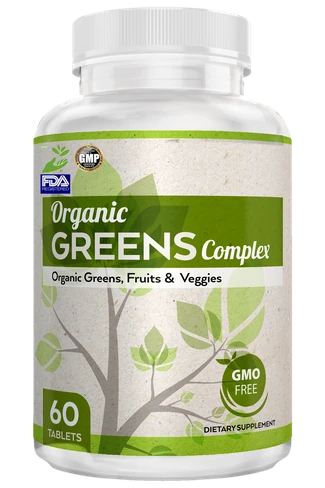 Front view of a 60-tablet bottle of Organic Greens Complex with GMP, FDA registered and hand logo icons on the label