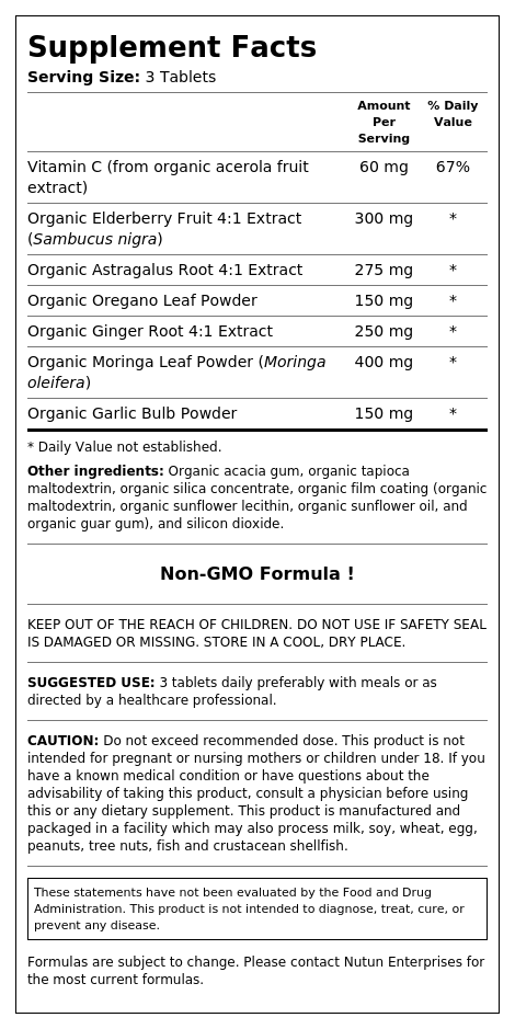 Supplement Facts panel for Organic Immune Complex showing a serving size of 3 tablets