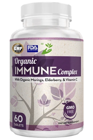 Front view of a 60-tablet bottle of Organic Immune Complex with GMP, FDA registered and hand logo icons on the label