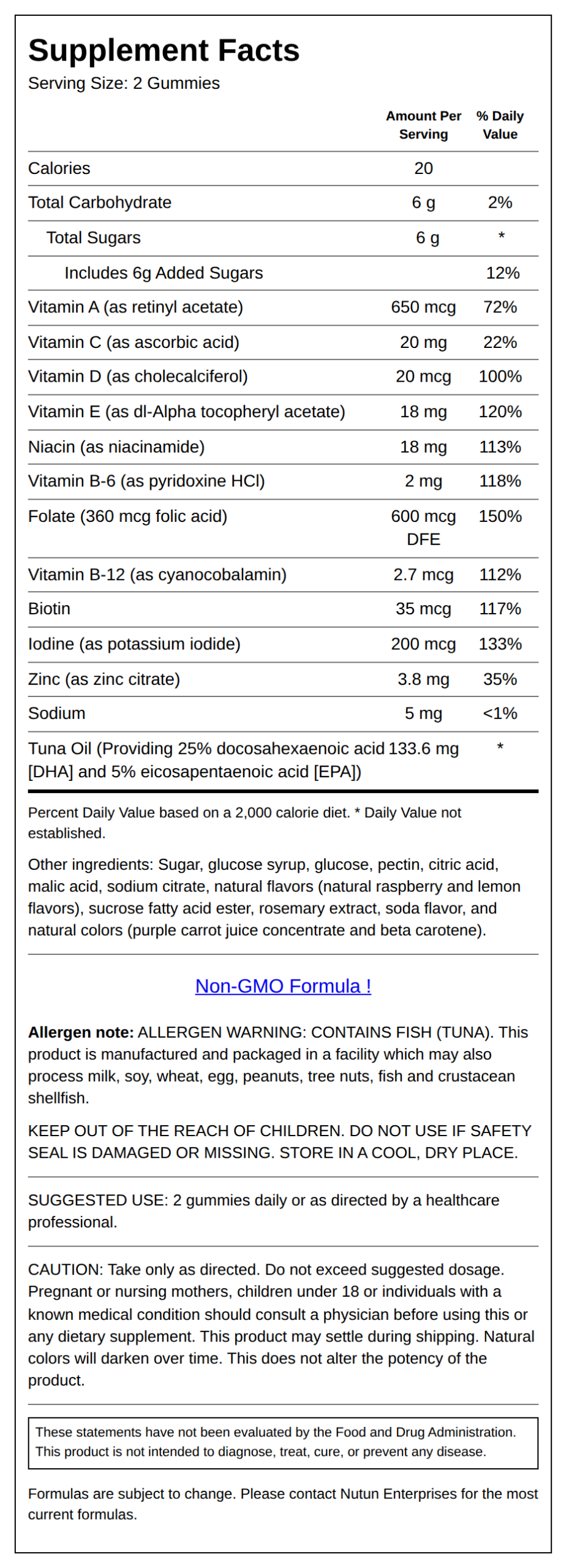 Private Label Prenatal Multivitamin Gummy With Fish Oil Supplement Facts
