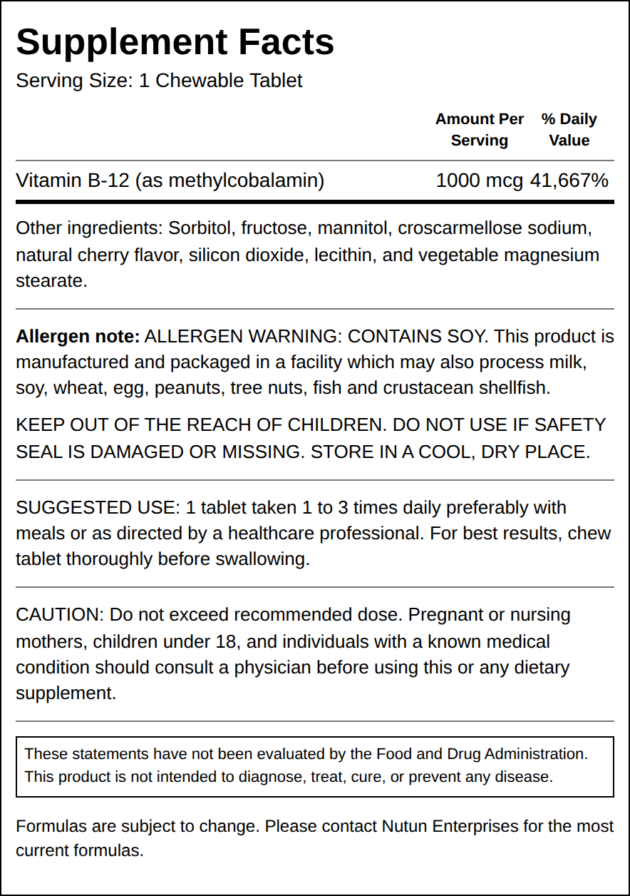 Private Label Vitamin B 12 1000mcg Chewable Supplement Facts Wholesale Distributor
