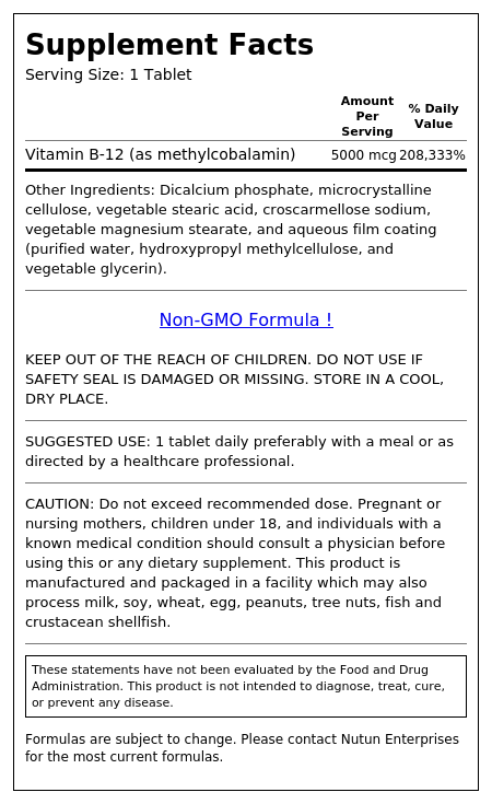 Supplement Facts panel for Vitamin B-12 5000mcg tablets showing 5000 mcg of vitamin B-12 as methylcobalamin per tablet