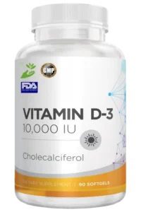 Bottle of Vitamin D-3 10,000 IU cholecalciferol softgels, 90 count