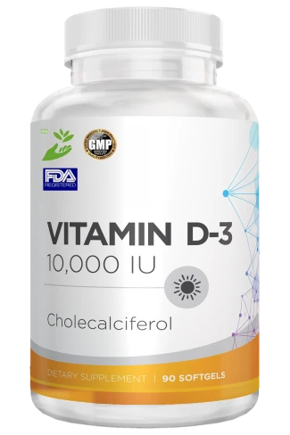 Bottle of Vitamin D-3 10,000 IU cholecalciferol softgels, 90 count